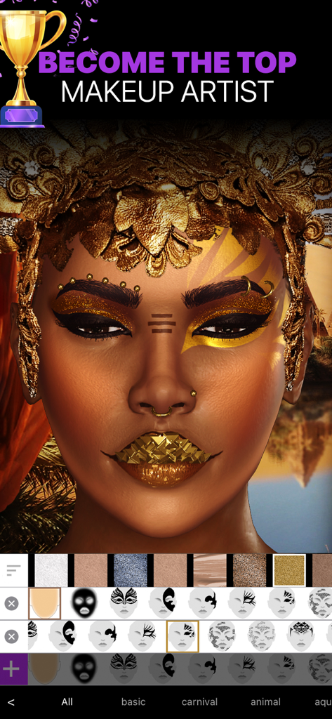 Makeup Creator: Makeup Games - A realistic 3D avatar featuring intricate golden makeup and an ornate gold crown in a makeup game challenge.