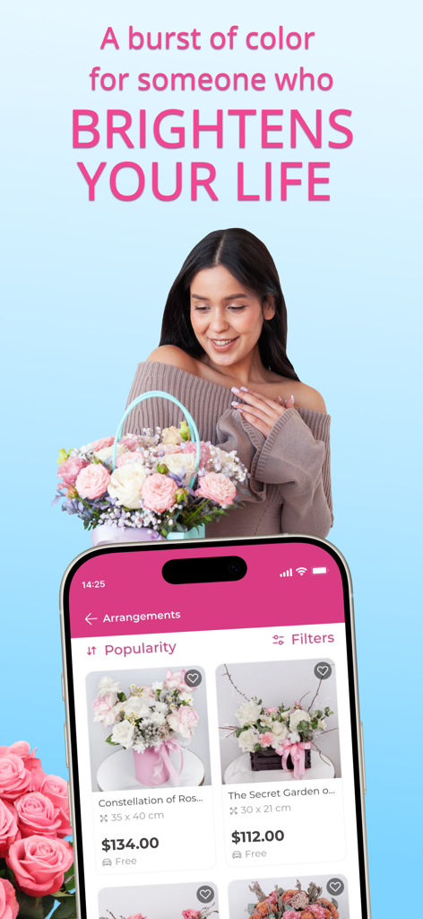 My Global Flowers Delivery - Una mujer sosteniendo un ramo de flores junto a la pantalla de un smartphone que muestra arreglos florales y precios en la aplicación My Global Flowers