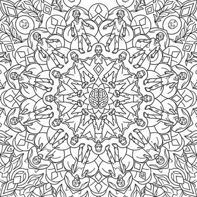 Embark on a spooky yet soothing coloring adventure with our Shambling Zombie Mandala. This intricately detailed page combines classic undead creatures with the calming symmetry of a mandala design.