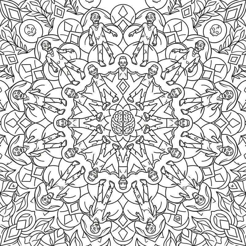 Embark on a spooky yet soothing coloring adventure with our Shambling Zombie Mandala. This intricately detailed page combines classic undead creatures with the calming symmetry of a mandala design.