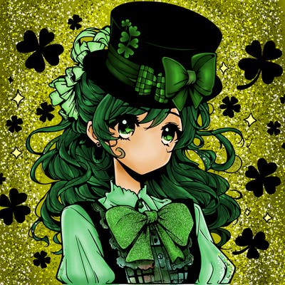 a manga-style girl with clovers around her, a little hat in her hair, like it's saint patrick's day
