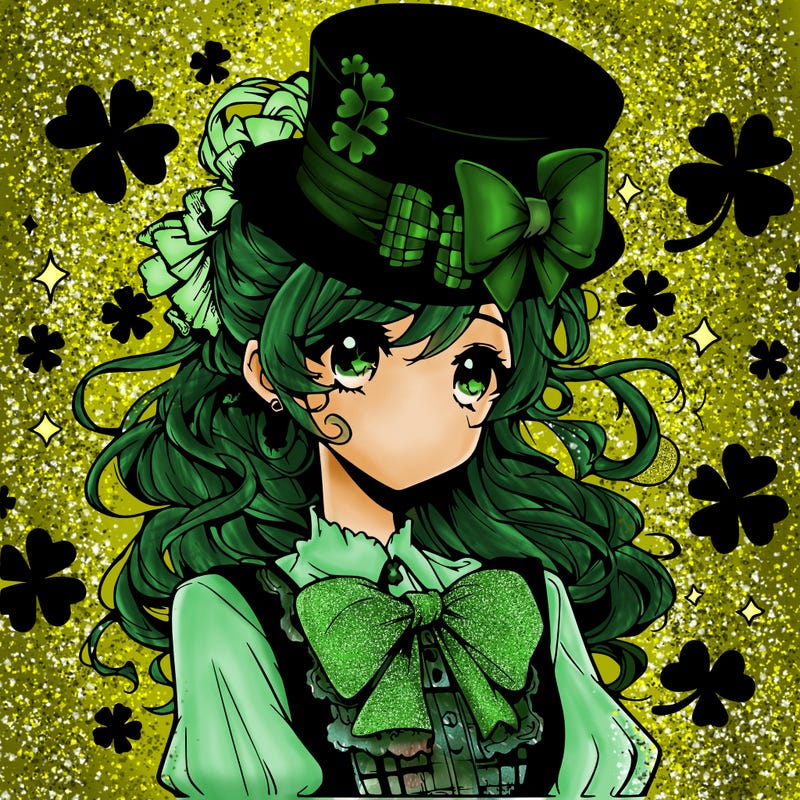a manga-style girl with clovers around her, a little hat in her hair, like it's saint patrick's day