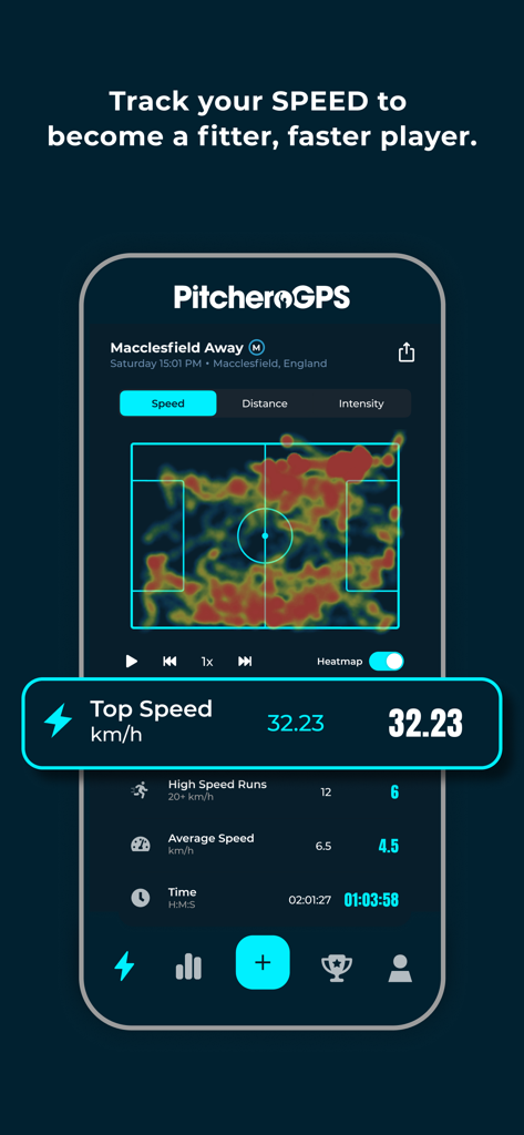 PitcheroGPS - Tela do aplicativo PitcheroGPS exibindo a velocidade máxima de um jogador e o mapa de calor de movimento em um campo.