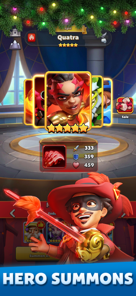 Menú de invocación de héroes en Puzzle Breakers Champions War mostrando cartas y estadísticas de personajes legendarios