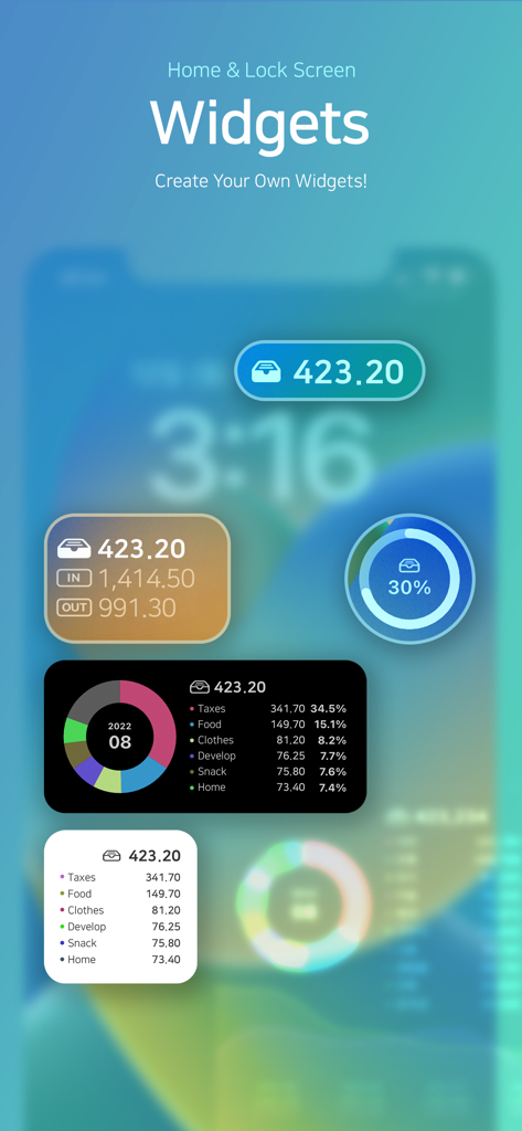 A collection of Patterner budget app widgets for iOS home and lock screens showing spending patterns and financial summaries.
