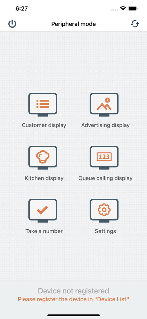 PosKing app interface showing peripheral display settings for customer advertising kitchen and queue calling modes