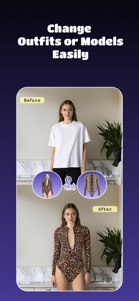 AI Clothes Changer: ReWear - Comparación del antes y el después de una mujer usando una app IA para cambiar su camiseta blanca por un body de leopardo