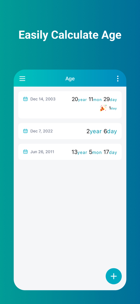 Mobile app interface of Time Calculator showing the age calculation feature with multiple dates processed into years months and days