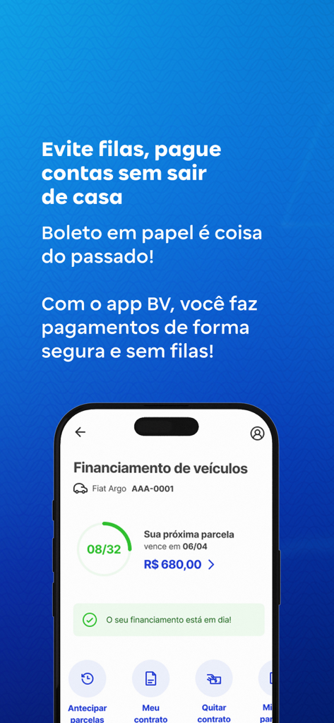 Smartphone, das die Benutzeroberfläche der banco BV-App mit Details zur Fahrzeugfinanzierung und Rechnungszahlungsfunktionen anzeigt