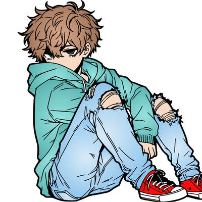 a male hoddie ripped jeans messy hair anime