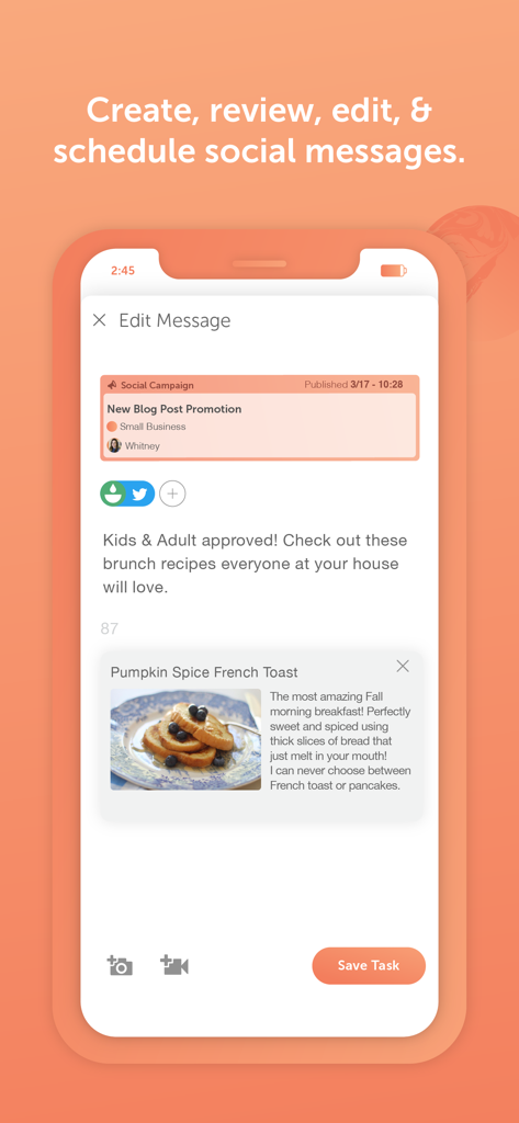 CoSchedule mobile app interface for editing and scheduling social media messages