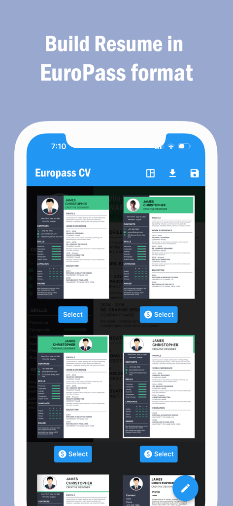 Smartphone screen showing various professional Europass CV templates to choose from in the app.