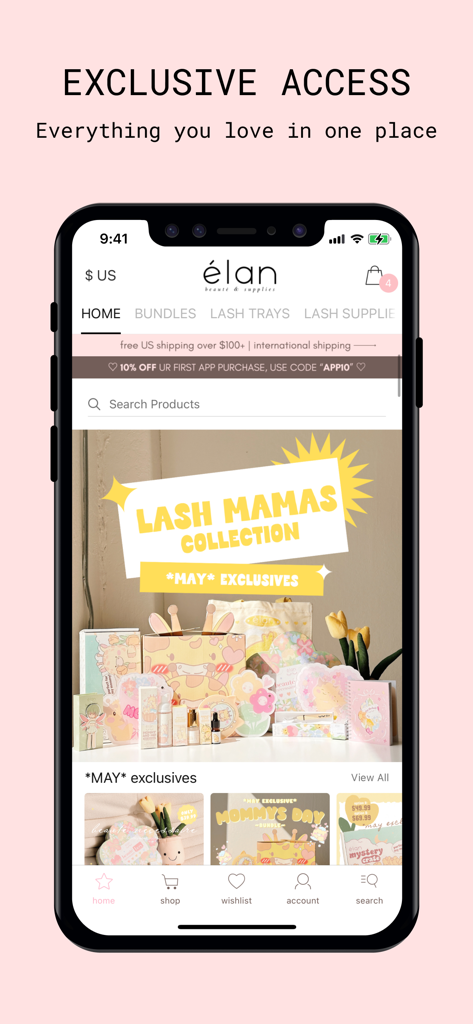 The home interface of the élan beauté app showing the Lash Mamas collection and shopping categories for lash artists.