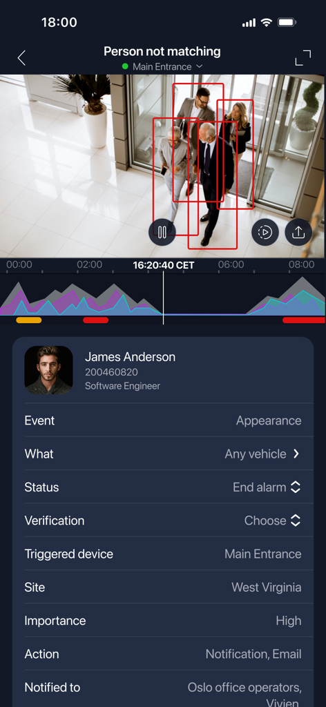 Alta Video - Alta Video app interface showing AI person tracking in a building entrance and detailed event security alerts.