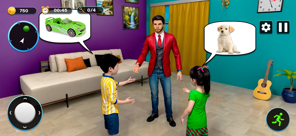 Single Dad Games Happy Family - Gameplay screenshot of a virtual single dad with his kids in a living room