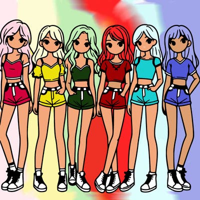 a group of girls wearing crop tops and shorts