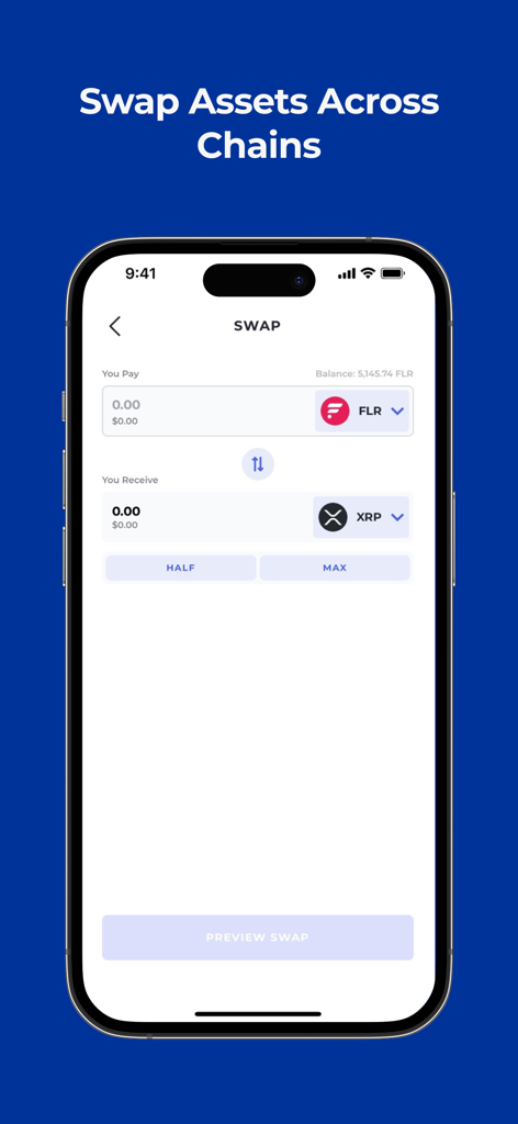 Bifrost Wallet interface showing a cross-chain swap from FLR to XRP on a mobile device.