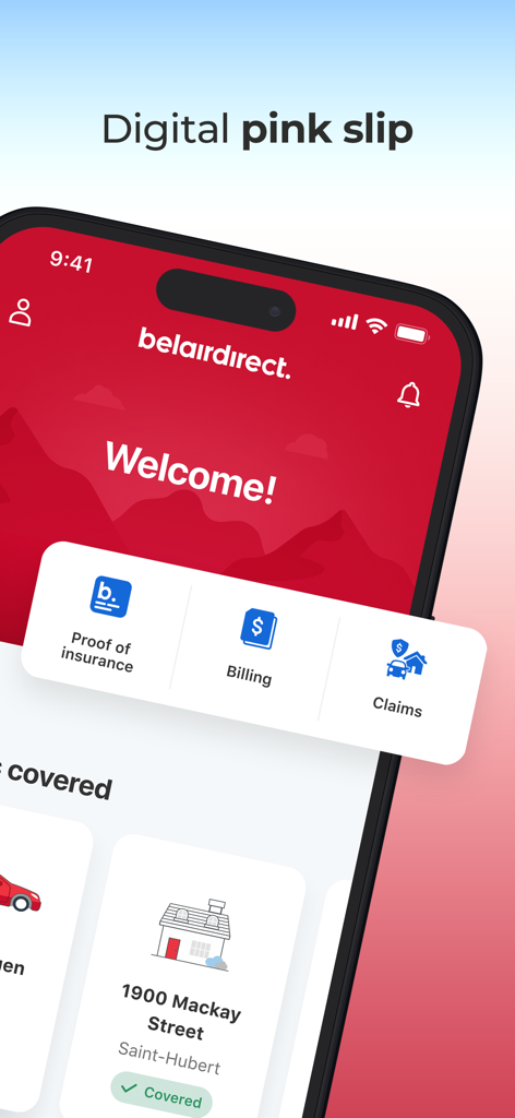 Belairdirect mobile app welcome screen with quick access to digital proof of insurance and claims