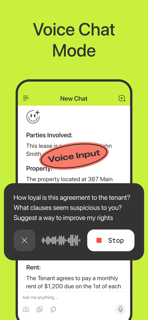 Yuna AI - Chatbot & Assistant - Yuna AI chatbot voice input screen analyzing a rental agreement