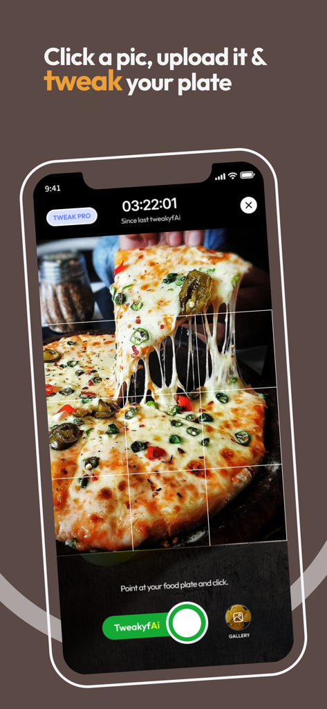 Tweak & eat with eatGPT - 실시간 영양 코칭 및 음식 분석을 위해 식사 사진을 캡처하는 스마트폰 앱 인터페이스