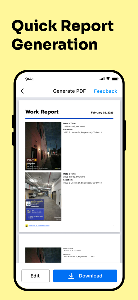 Timemark app interface for generating a professional PDF work report with timestamped photos