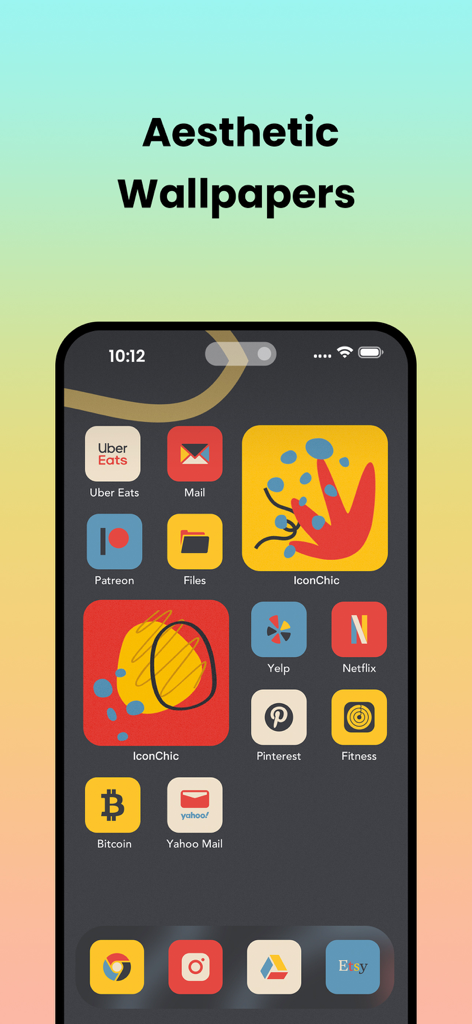 Theme Store - Theme Changer - iPhone home screen featuring custom aesthetic icons and artistic widgets