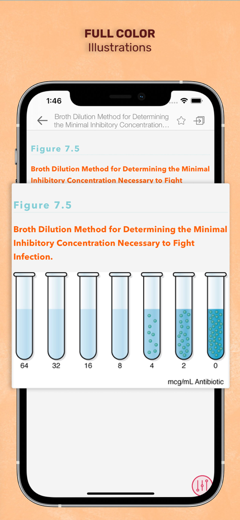 Ilustración médica a todo color del método de dilución en caldo dentro de la aplicación móvil Guía de Laboratorio y Pruebas Diagnósticas.