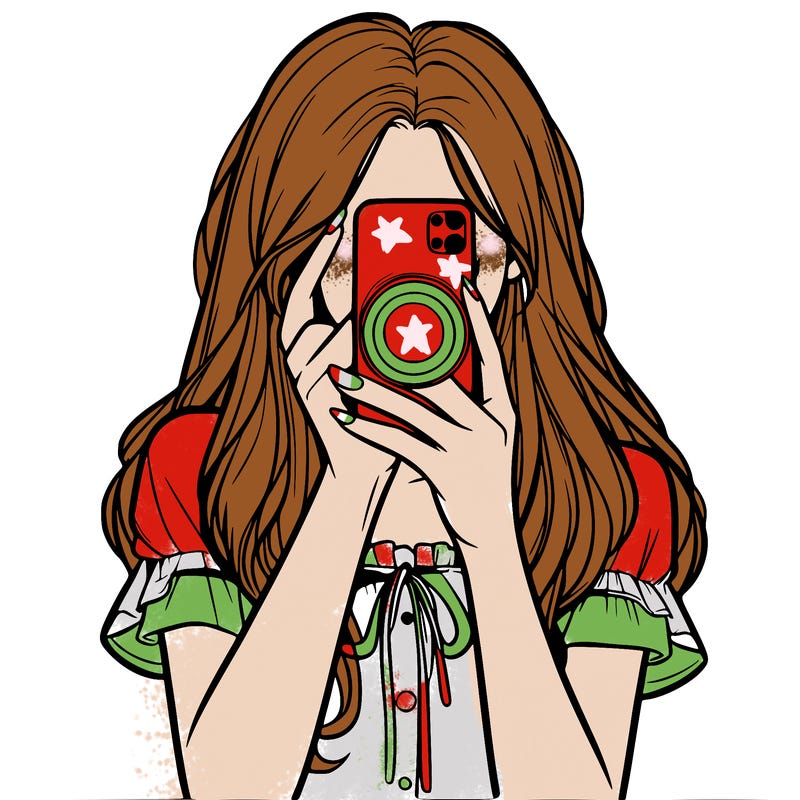 a realistic girl holding her phone taking pictures