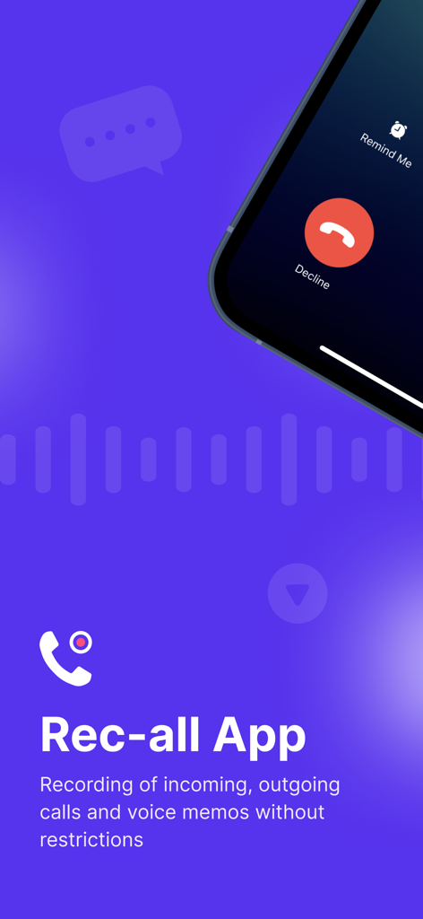 Interfaz de la aplicación Rec-all que muestra funciones de grabación de llamadas entrantes y notas de voz en iPhone