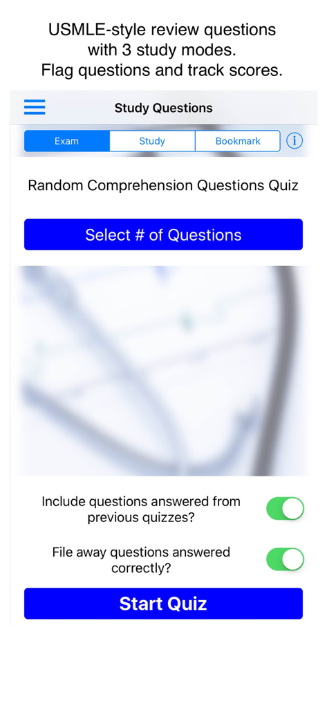 The Study Questions screen in the Case Files Psychiatry 6e app showing quiz setup options for Exam, Study, and Bookmark modes.