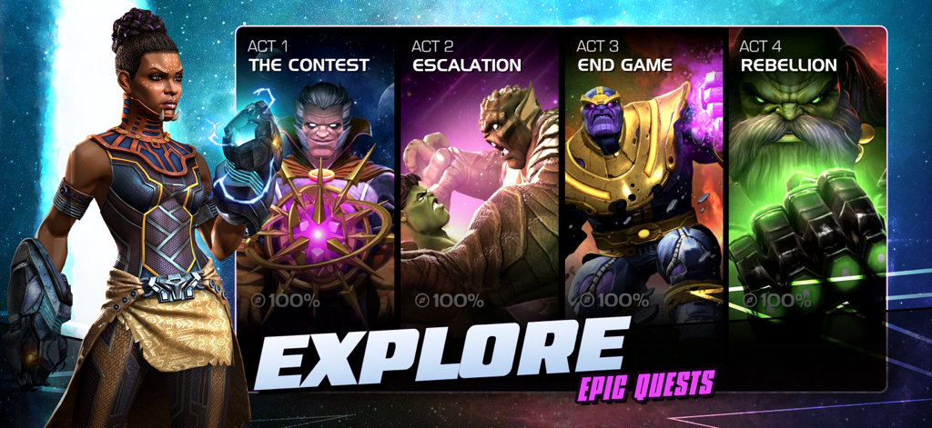Marvel Contest of Champions game screen displaying progression through four story acts featuring Thanos and Maestro.