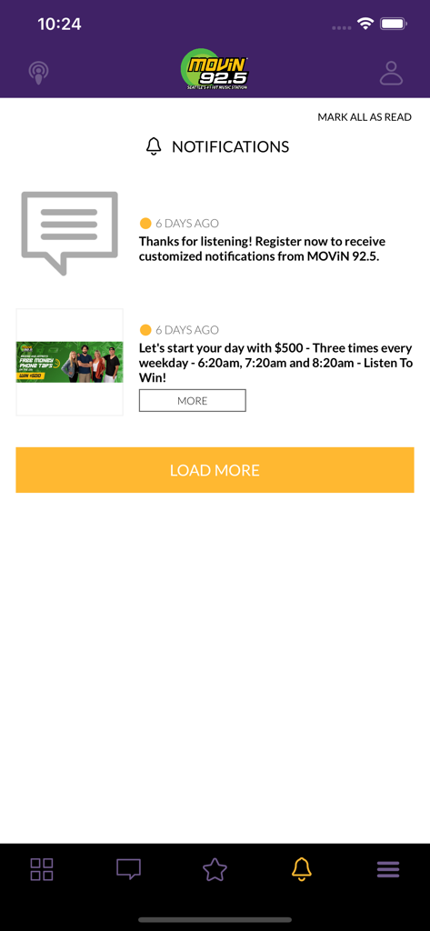 MOViN 92.5 app notification center showing recent station updates and giveaway contest alerts