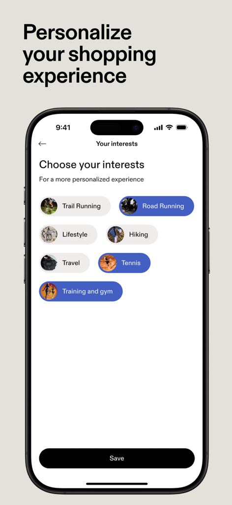 On: Shop Shoes & Apparel - Interface of the On app allowing users to choose their fitness interests for a personalized shopping experience.