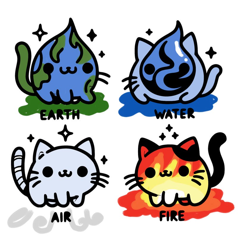 4 cats that represent the different elements, earth, water, air, and fire