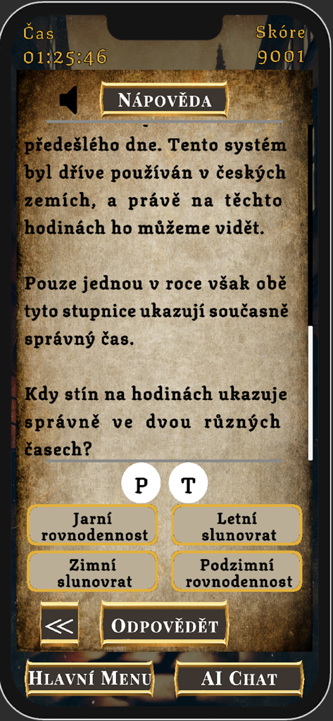 Enigma City Adventure - Historical puzzle screen in the Enigma City Adventure app featuring a parchment interface and multiple choice questions about Prague history