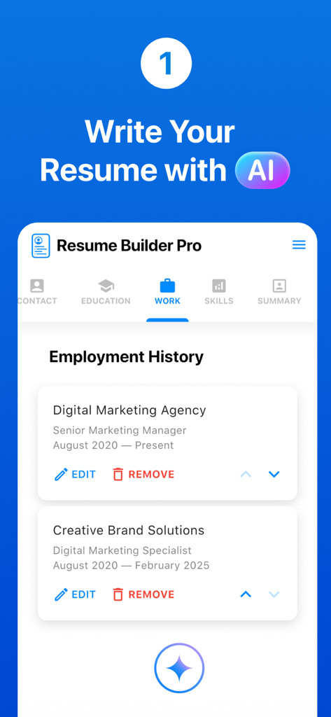 Resume Builder Pro app showing the employment history section for editing work experience with AI assistance