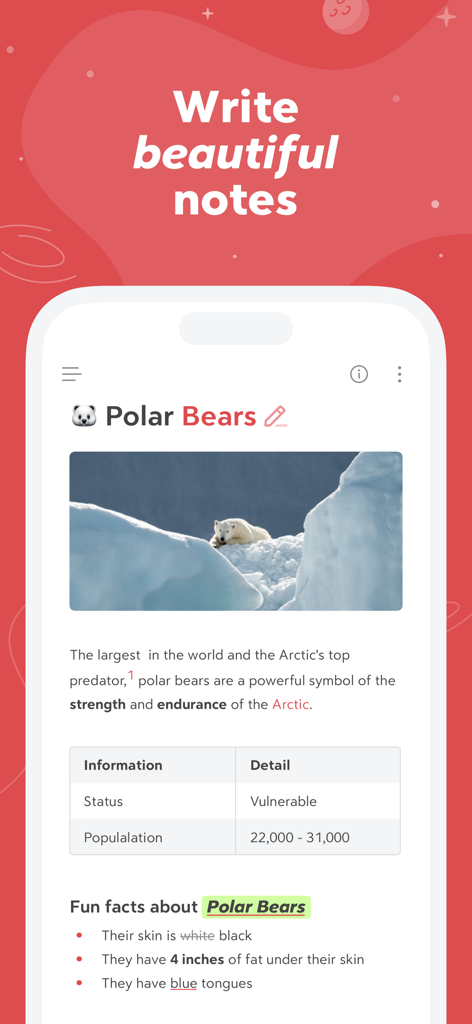 Bear - Markdown Notes - Smartphone screen showing the Bear app with a formatted note about polar bears including an image and table