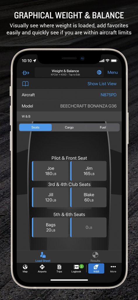 Recurso gráfico de peso e balanceamento no aplicativo Garmin Pilot mostrando o carregamento de passageiros e carga para um Beechcraft Bonanza G36
