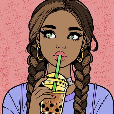 realistic girl with braided hair drinking boba