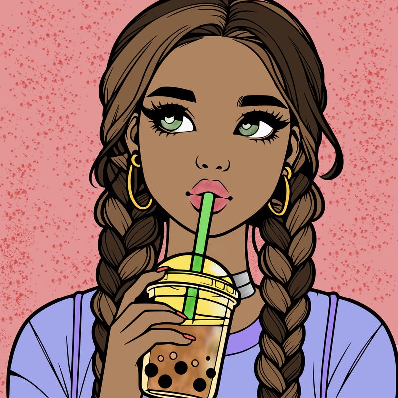 realistic girl with braided hair drinking boba
