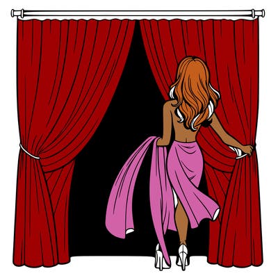 realistic female walking behind a long curtain