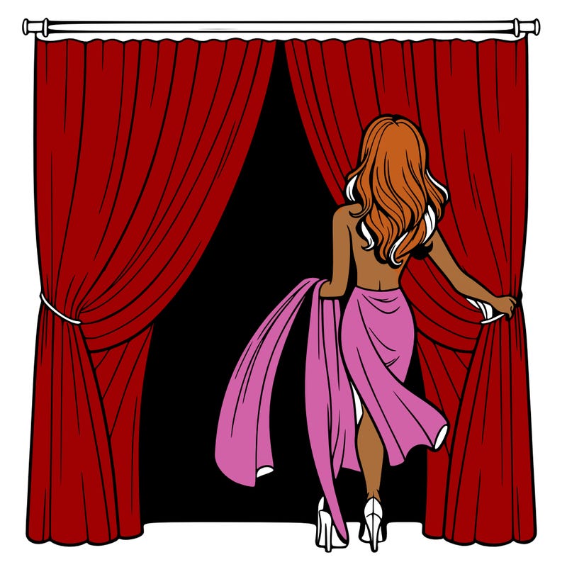 realistic female walking behind a long curtain