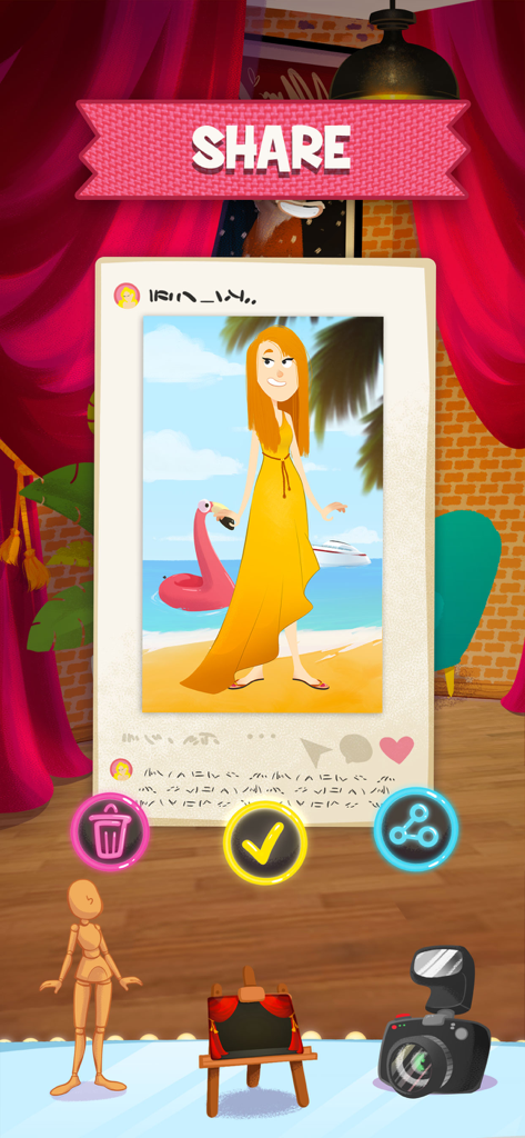 Interfaz estilo redes sociales que muestra una foto de personaje estilizada con opciones para compartir en la aplicación del salón de peluquería