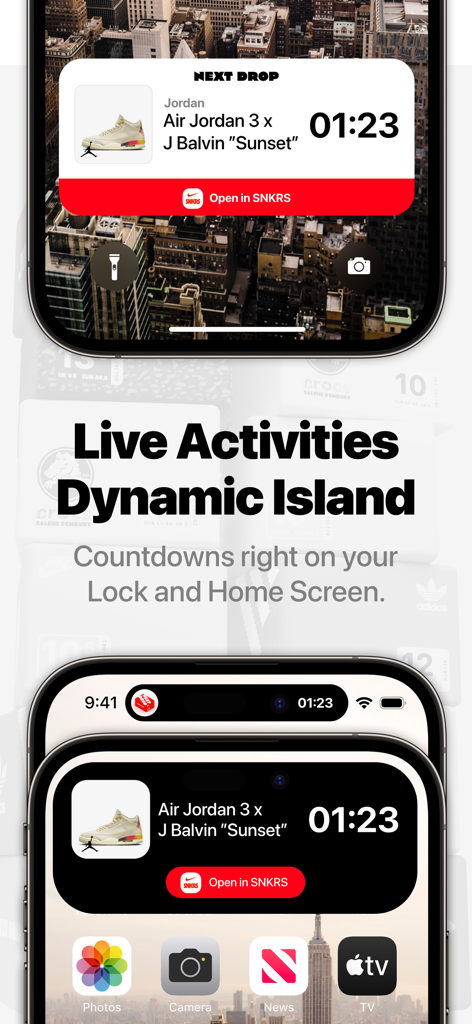 Next Drop – Sneaker Releases - Sneaker release countdowns shown on iPhone Lock Screen and Dynamic Island via Next Drop app