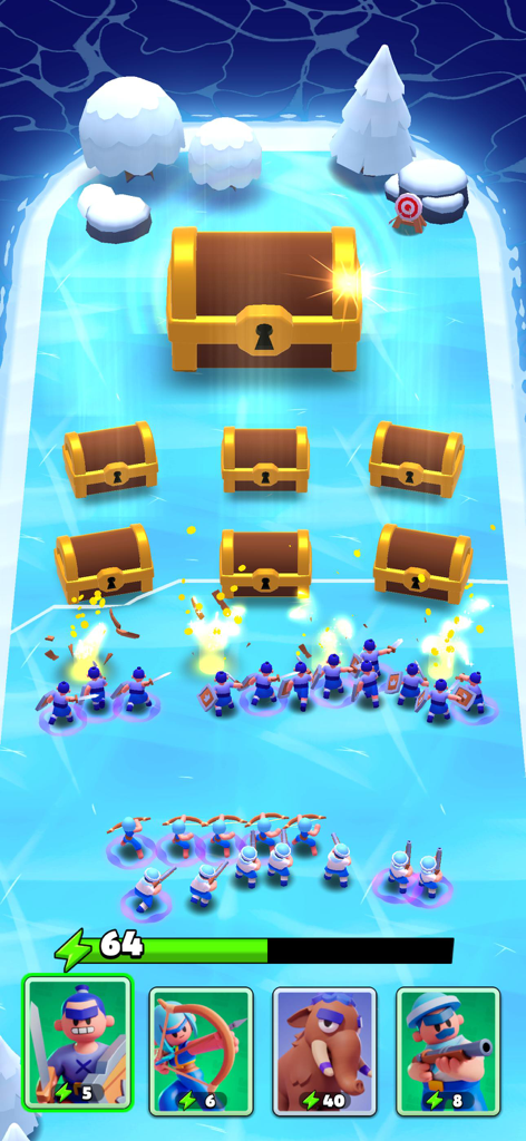 Gameplay screenshot of Draw Arena showing soldiers attacking treasure chests on a frozen battlefield.