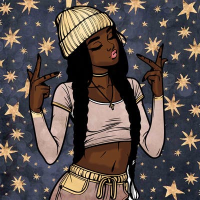 realistic teenage girl with braids and a beanie and crop top doing 🫶🏼