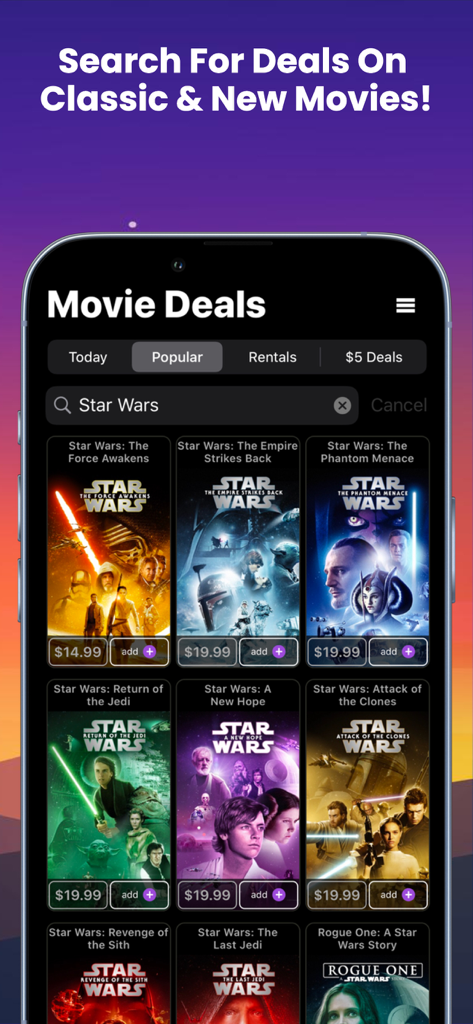 Movie Deals+ Discount App - Interface do aplicativo Movie Deals+ pesquisando ofertas de filmes de Star Wars em um iPhone