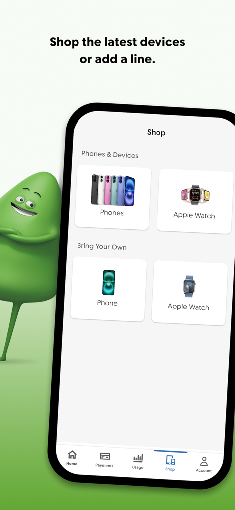 myCricket App - Pantalla de compras de la app Cricket Wireless que muestra opciones de teléfonos y smartwatches