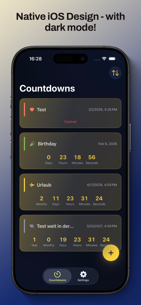 Countdowner Timer Pro - Countdowner Timer Pro app interface showing multiple event countdowns in iOS dark mode.