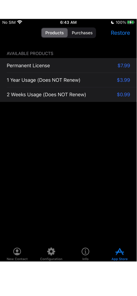 WhoDoアプリストア画面。更新されないライセンスと永久購入オプションが表示されています